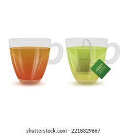 Taza de té sobre fondo blanco, té negro y té verde en una taza de vidrio Ilustración vectorial