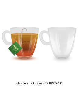 Taza de té sobre fondo blanco, té negro y té verde en una taza de vidrio Ilustración vectorial