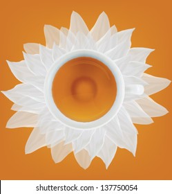 Cup of tea on a white petals. Vector illustration. Mesh