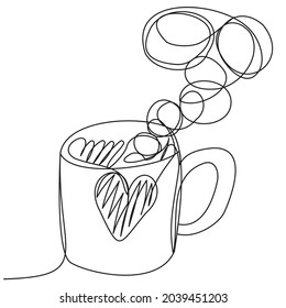 Copa con té en una línea con corazón y palos de vapor en un fondo blanco. Esbozo de contorno vectorial con una ilustración de la comodidad y cuidado del hogar. Otoño con ánimo de amor.