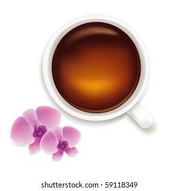 Cup Of Tea With Orchids, Isolated On White Background, Vector Illustration