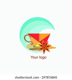 A cup of tea in origami style. A cup of tea with spices (star anise and cinnamon). Tea cup  logo design vector template. Hot drink tea mug logotype concept icon.