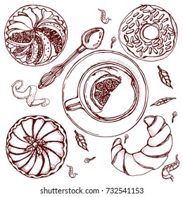 Cup of tea , a pastry , croissant , vector, hand drawing, from the top, on a white background , isolated,