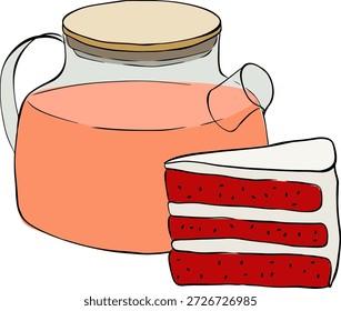 Taza de té y un pedazo de pastel con bayas. composición ilustración dibujada a mano. Vector de línea gráfica de tinta de color de arte. conveniente para imprimir en tela, papel, embalaje del producto, decoración.
