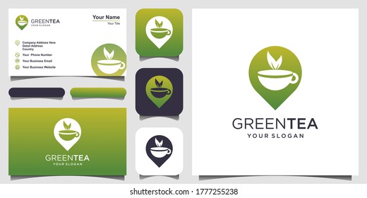 Cup of tea with Pin location Logo Design Element and business card design. Tea house vector design. Hot aroma tea with green leaves logotype.