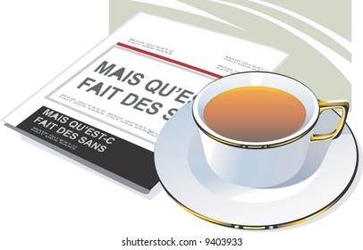  cup of tea placed near a newspaper
