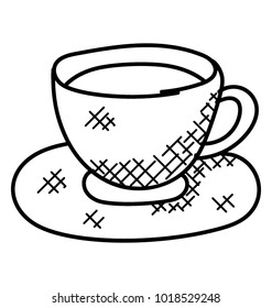 
A cup of tea placed over a saucer, doodle vector
