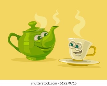 Cup Of Tea And Tea Pot Characters. Best Friends. Vector Flat Cartoon Illustration