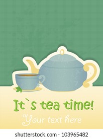 A cup of tea and a pot on vintage style card (menu)