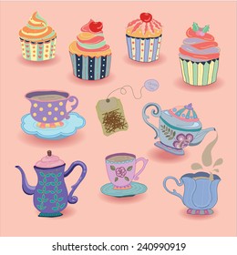 cup tea pot pour cup cake  on pink tray , O-rose background retro vintage dot background - Shutterstock ID 240990919