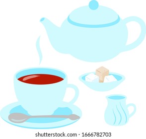 Té y una olla con cubos de azúcar y una jarra de leche