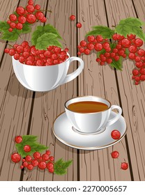 Cup of tea and red currant.Vector illustration with red currant berries and a cup of tea on a wooden tabletop.