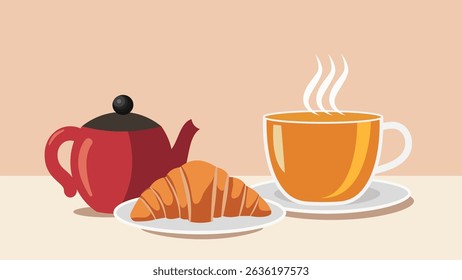 Xícara de chá, bule vermelho e croissant	