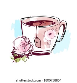 Cup of tea with rose flower hand drawn watercolor vector sketch.