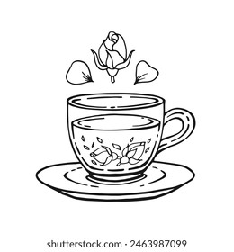 Cup of tea with rose. Hand drawn vector illustration in outline style.