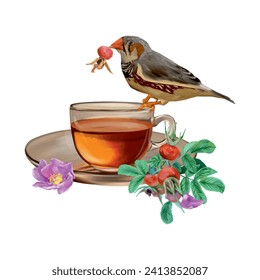 Cup of tea, rose hips, berries, flower, bird. Vector illustration in graphic style. Cards, invitations, spring banners, packaging, covers, labels.