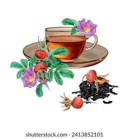 Taza de té, cadera, hojas de té secas. Ilustración vectorial en estilo gráfico. Tarjetas, invitaciones, banners de primavera, empaque, cubiertas, etiquetas, volantes.