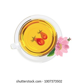 A cup of tea with a rosehip`s flowers and berries. View from above. Isolated over white background
