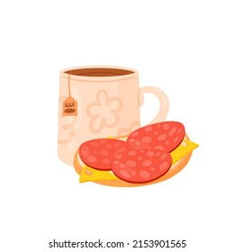 Tasse Tee mit Salami-Sandwich. Frühstücksgeruch mit Morgenheiß-Getränk einzeln auf Illustration