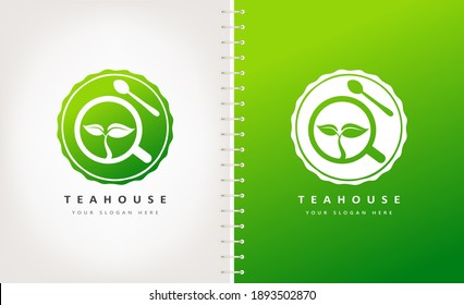 Cup with tea and saucer and tea leaf logo vector. Teahouse cafe design.