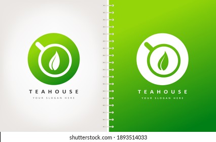 Cup with tea and saucer and tea leaf logo vector. Teahouse cafe design.