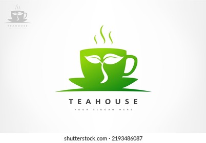 Cup with tea and saucer and tea leaf logo vector. Teahouse cafe design.