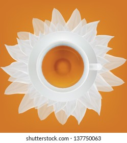 Cup of tea and saucer on a white petals. Vector illustration. Mesh