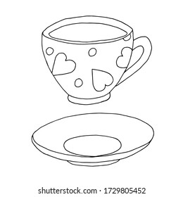 A Cup of tea and a saucer. Outline drawing by hand. Vector black and white image isolated on a white background.