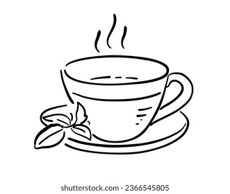 Monochrome vector contour drawing of couple of tea cups with