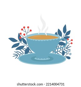 Cup of tea, saucer, winter leaves and berries. Template for cozy autumn design. Isolated vector illustration.