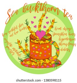 Cup of tea with Sea buckthorn. Hand drawn eco design