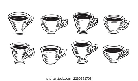 Cup Tea set, hand drawn, drawing isolated on white