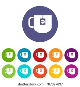 Cup of tea set icons in different colors isolated on white background