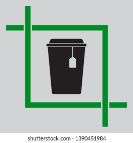 Cup with tea sign. Black icon inside green crop tool at light gray background