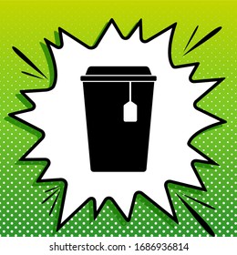 Cup With Tea Sign. Black Icon On White Popart Splash At Green Background With White Spots. Illustration.