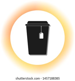 Cup with tea sign. Dark icon with shadow on the glowing circle button. Illustration.