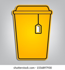 Cup with tea sign. Flat orange icon with overlapping linear black icon with gray shadow at whitish background. Illustration.