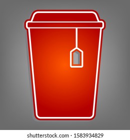 Cup with tea sign. Flat red icon with linear white icon with gray shadow at grayish background. Illustration.