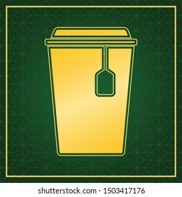 Cup with tea sign. Golden icon with gold contour at dark green gridded white background. Illustration.