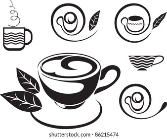 A cup of tea. Sign "green tea". The stylized black-and-white image. Options tea icons.