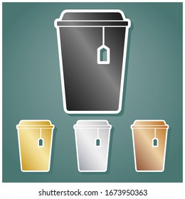 Cup with tea sign. Set of metallic Icons with gray, gold, silver and bronze gradient with white contour and shadow at viridan background. Illustration.