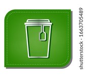 Cup with tea sign. Silver gradient line icon with dark green shadow at ecological patched green leaf. Illustration.