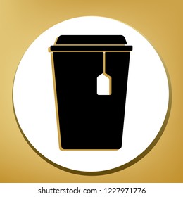 Cup with tea sign. Vector. Black icon with light brown shadow in white circle with shaped ring at golden background.