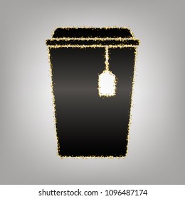 Cup with tea sign. Vector. Blackish icon with golden stars at grayish background.