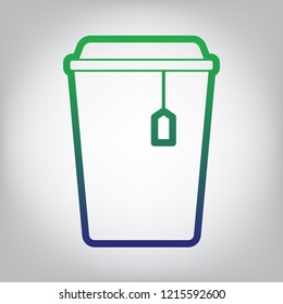 Cup with tea sign. Vector. Green to blue gradient contour icon at grayish background with light in center.