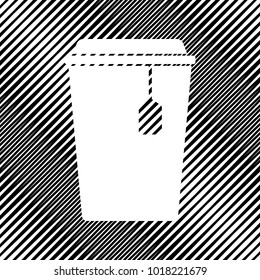 Cup with tea sign. Vector. Icon. Hole in moire background.