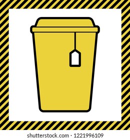 Cup with tea sign. Vector. Warm yellow icon with black contour in frame named as under construction at white background. Isolated.