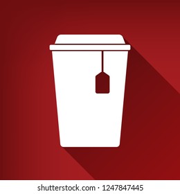Cup with tea sign. Vector. White icon with limitless shadow at ruby red background.