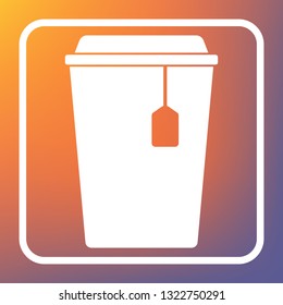 Cup with tea sign. Vector. White icon on transparent button at orange-violet gradient background.