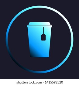 Cup with tea sign. White, cyan and blue gradient icon as round button in white shell at dark blue background. Illustration.